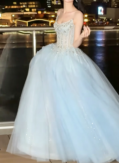 Luxury Strapless Blue Prom Dress Sequins Tulle Beaded A-Line Evening Dress GG6226