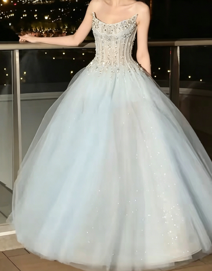 Luxury Strapless Blue Prom Dress Sequins Tulle Beaded A-Line Evening Dress GG6226