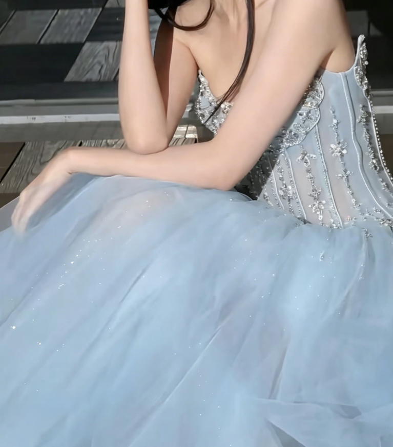 Luxury Strapless Blue Prom Dress Sequins Tulle Beaded A-Line Evening Dress GG6226