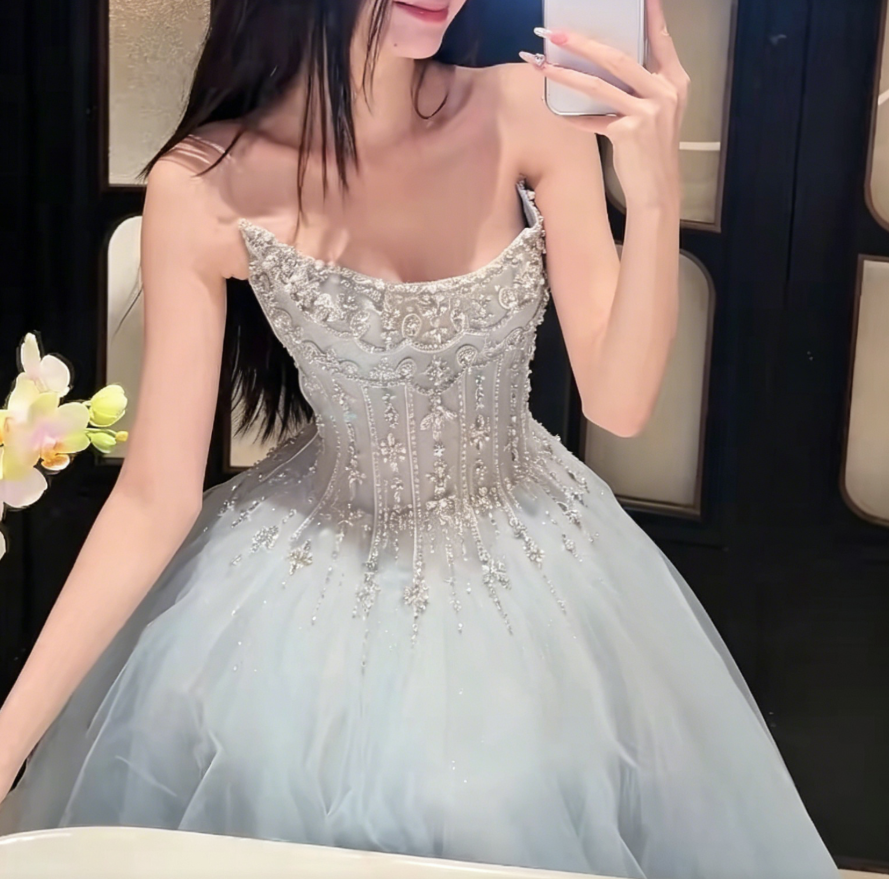 Luxury Strapless Blue Prom Dress Sequins Tulle Beaded A-Line Evening Dress GG6226