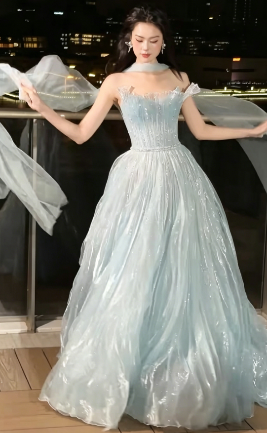 Charming Strapless Beaded Prom Dress With Scarf Blue Tulle A-Line Evening Dress GG6227