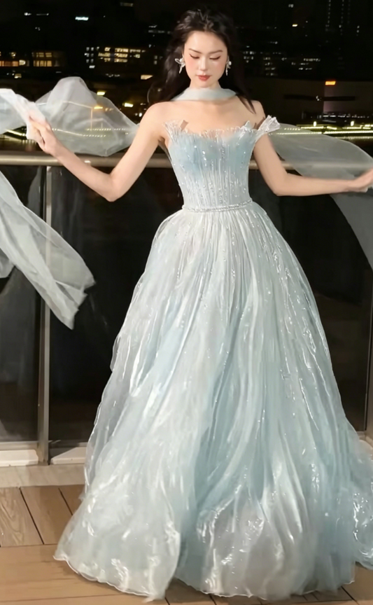 Charming Strapless Beaded Prom Dress With Scarf Blue Tulle A-Line Evening Dress GG6227