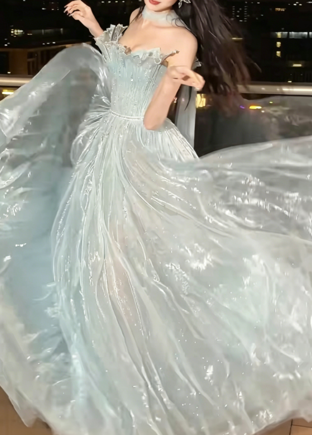 Charming Strapless Beaded Prom Dress With Scarf Blue Tulle A-Line Evening Dress GG6227
