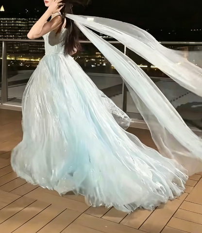 Charming Strapless Beaded Prom Dress With Scarf Blue Tulle A-Line Evening Dress GG6227