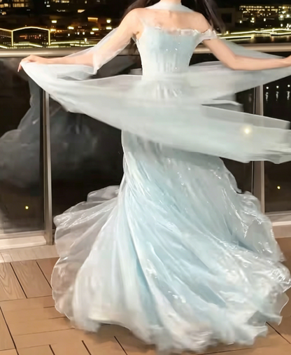 Charming Strapless Beaded Prom Dress With Scarf Blue Tulle A-Line Evening Dress GG6227