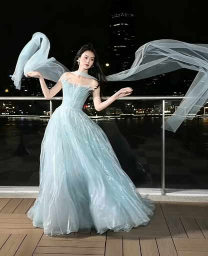 Charming Strapless Beaded Prom Dress With Scarf Blue Tulle A-Line Evening Dress GG6227