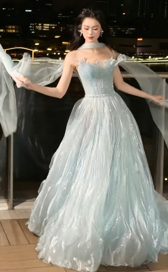 Charming Strapless Beaded Prom Dress With Scarf Blue Tulle A-Line Evening Dress GG6227