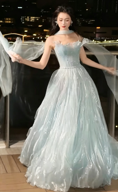 Charming Strapless Beaded Prom Dress With Scarf Blue Tulle A-Line Evening Dress GG6227