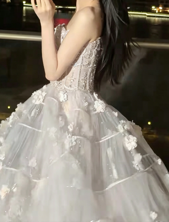 Alluring Strapless Pastel Pink Prom Dress Sequins Appliques Tulle A-Line Evening Dress GG6228