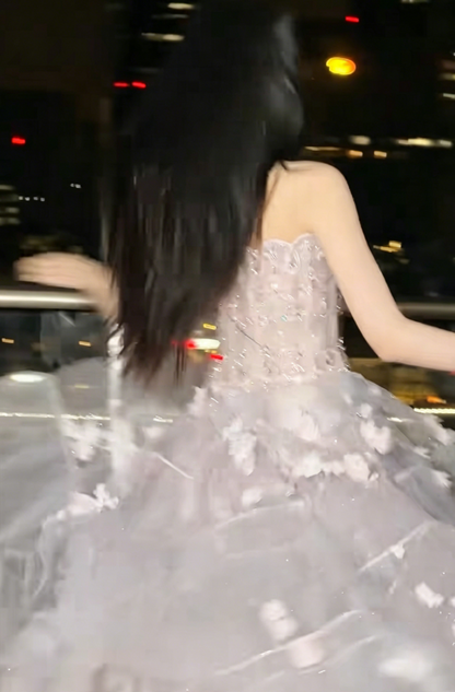Alluring Strapless Pastel Pink Prom Dress Sequins Appliques Tulle A-Line Evening Dress GG6228
