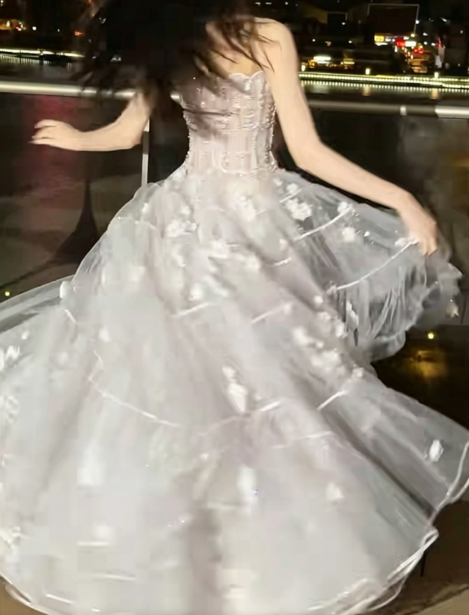 Alluring Strapless Pastel Pink Prom Dress Sequins Appliques Tulle A-Line Evening Dress GG6228
