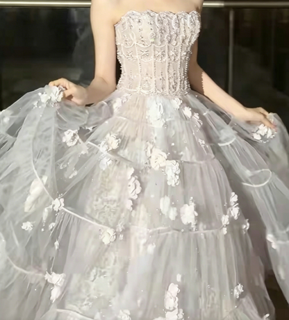 Alluring Strapless Pastel Pink Prom Dress Sequins Appliques Tulle A-Line Evening Dress GG6228