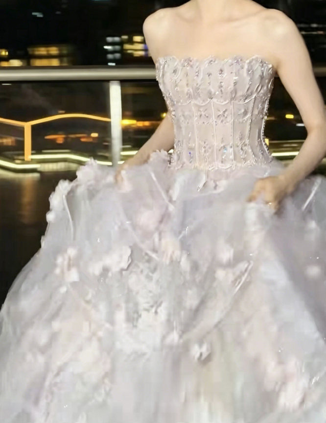 Alluring Strapless Pastel Pink Prom Dress Sequins Appliques Tulle A-Line Evening Dress GG6228