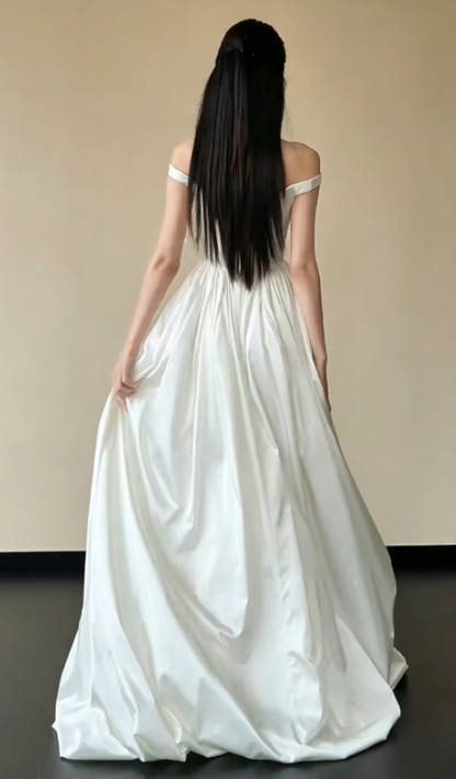 Chic Off-Shoulder White Wedding Dress High Slit Satin A-Line Bridal Dress GG6234