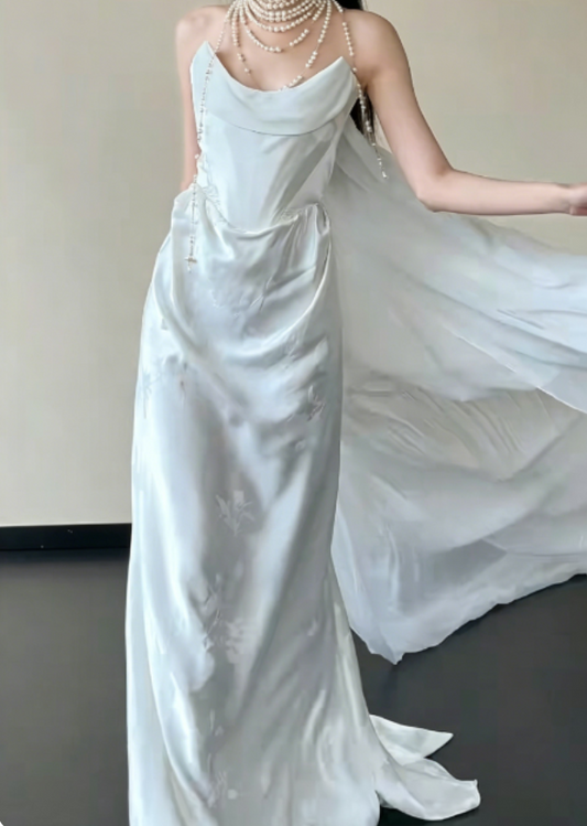 Charming Strapless Slit White Wedding Dress Jacquard Satin Sheath Bridal Dress GG6240