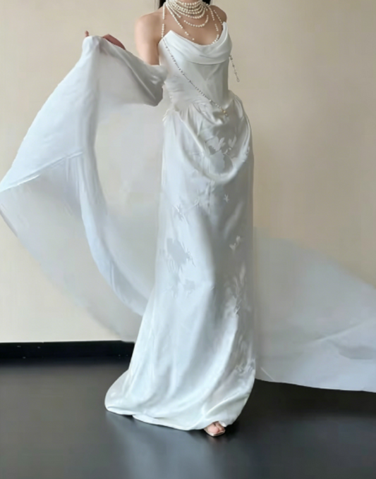 Charming Strapless Slit White Wedding Dress Jacquard Satin Sheath Bridal Dress GG6240