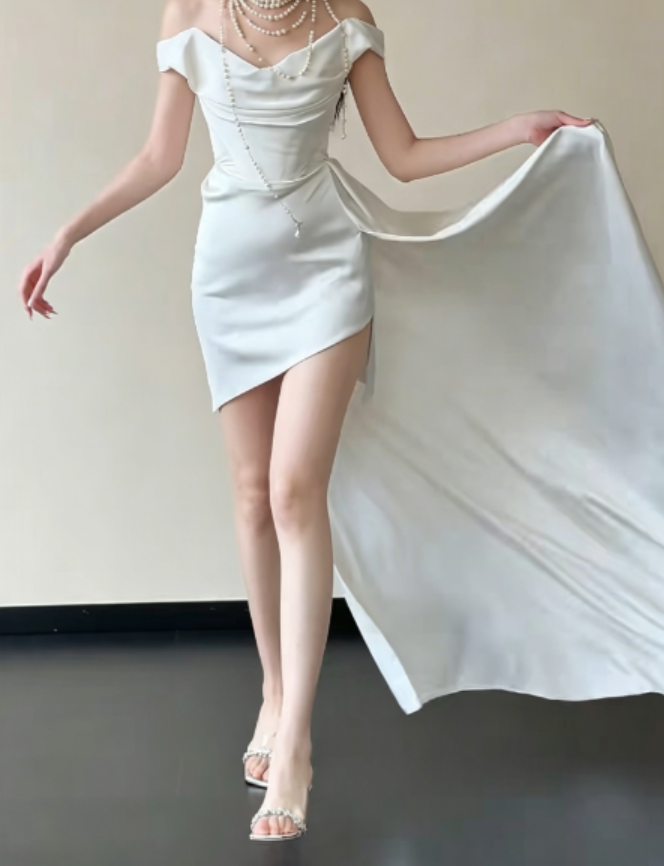 Graceful Off-Shoulder Short Wedding Dress Satin Sheath Bridal Dress GG6241