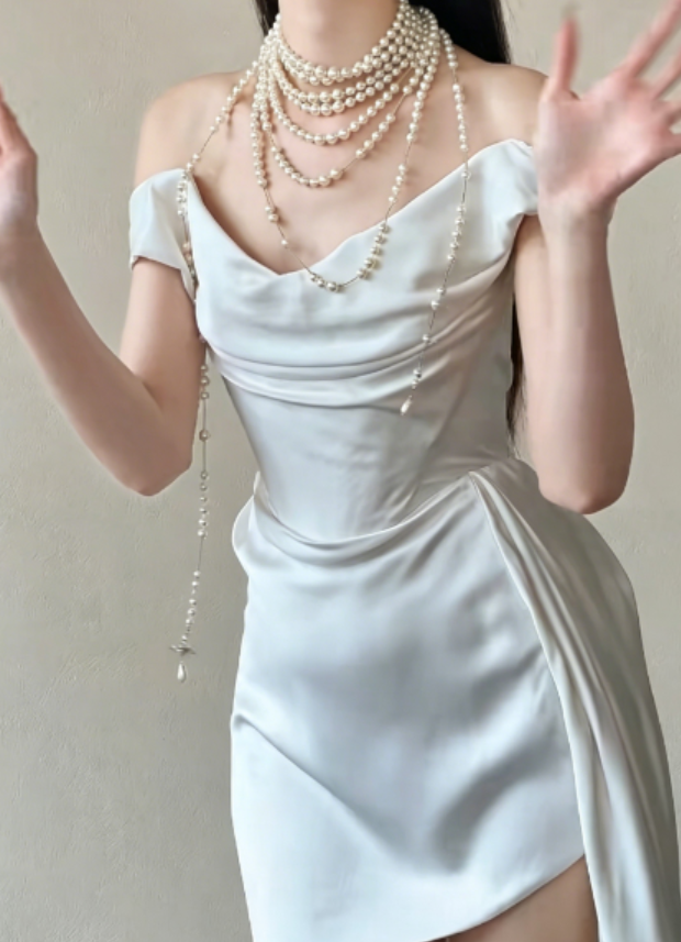 Graceful Off-Shoulder Short Wedding Dress Satin Sheath Bridal Dress GG6241