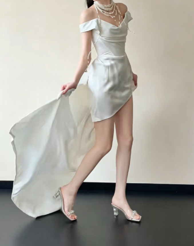 Graceful Off-Shoulder Short Wedding Dress Satin Sheath Bridal Dress GG6241