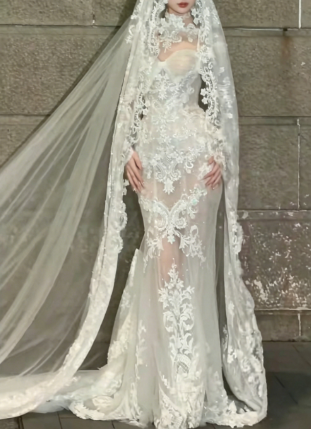 Chic Illusion Neck White Wedding Dress Lace Sequins Mermaid Bridal Dress GG6242