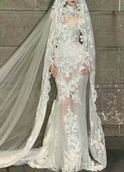 Chic Illusion Neck White Wedding Dress Lace Sequins Mermaid Bridal Dress GG6242