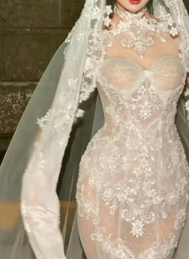 Chic Illusion Neck White Wedding Dress Lace Sequins Mermaid Bridal Dress GG6242