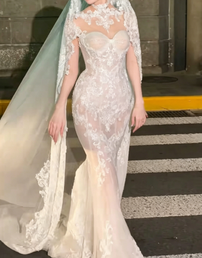 Chic Illusion Neck White Wedding Dress Lace Sequins Mermaid Bridal Dress GG6242