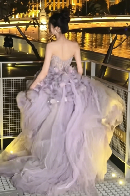 Romantic Strapless Handmade Flowers Purple Prom Dress Beading Tulle A-Line Evening Dress GG6244