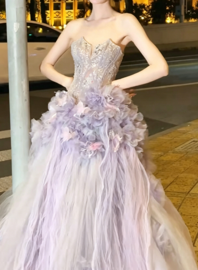 Romantic Strapless Handmade Flowers Purple Prom Dress Beading Tulle A-Line Evening Dress GG6244