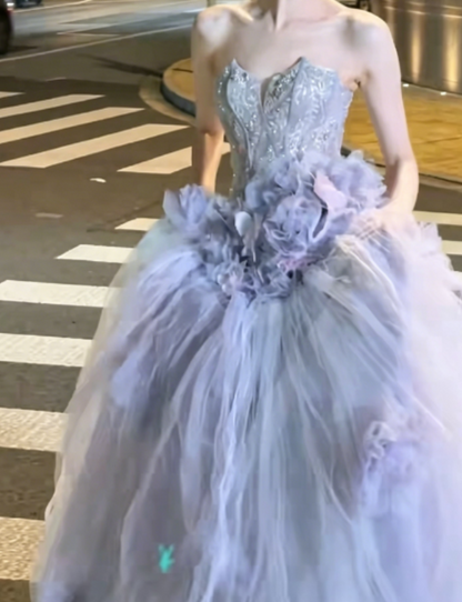Romantic Strapless Handmade Flowers Purple Prom Dress Beading Tulle A-Line Evening Dress GG6244