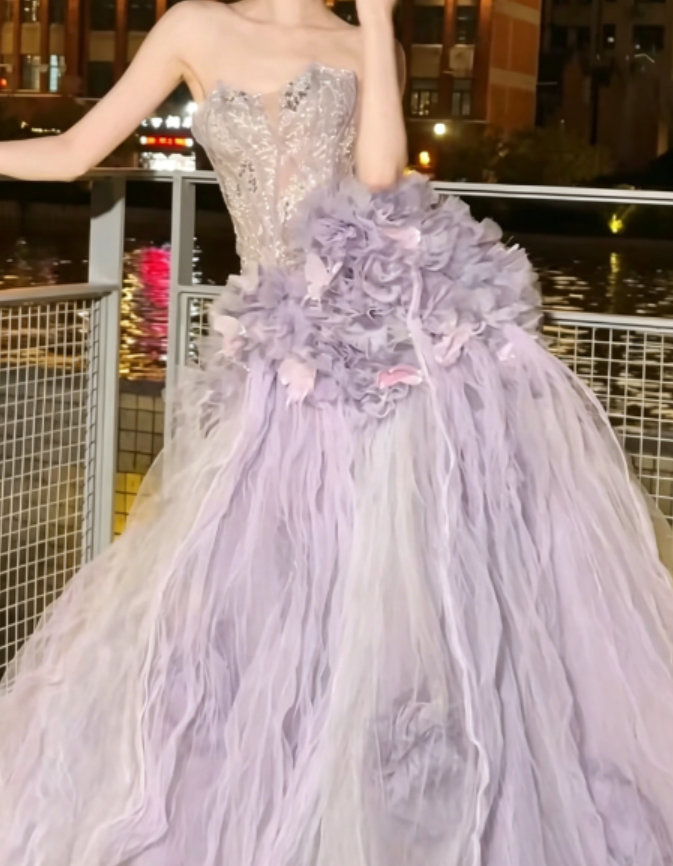 Romantic Strapless Handmade Flowers Purple Prom Dress Beading Tulle A-Line Evening Dress GG6244