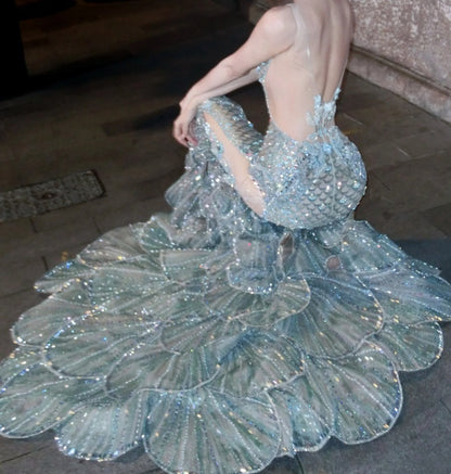 Unique Strapless Silver Prom Dress Cutout Sequins Tiered Mermaid Evening Dress GG6245