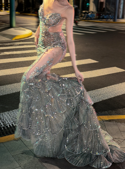 Unique Strapless Silver Prom Dress Cutout Sequins Tiered Mermaid Evening Dress GG6245