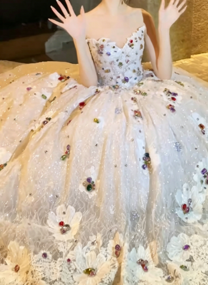 Luxurious Strapless Sequins White Prom Dress Rhinestones Appliques A-Line Evening Dress GG6247