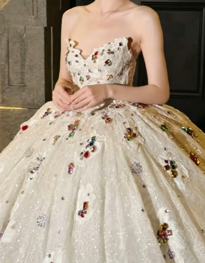 Luxurious Strapless Sequins White Prom Dress Rhinestones Appliques A-Line Evening Dress GG6247