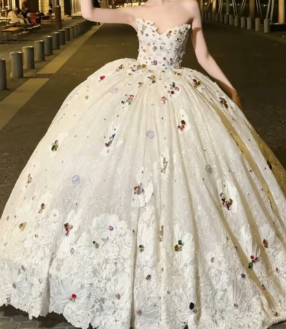 Luxurious Strapless Sequins White Prom Dress Rhinestones Appliques A-Line Evening Dress GG6247