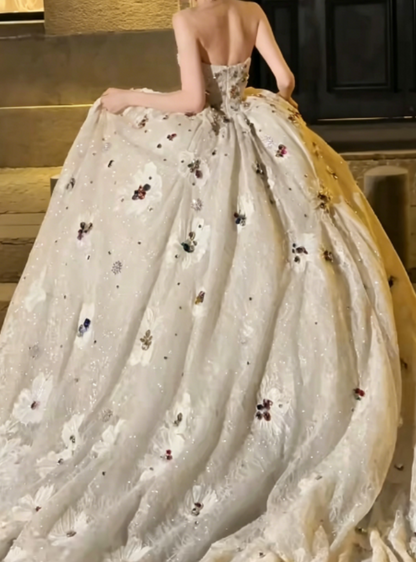 Luxurious Strapless Sequins White Prom Dress Rhinestones Appliques A-Line Evening Dress GG6247