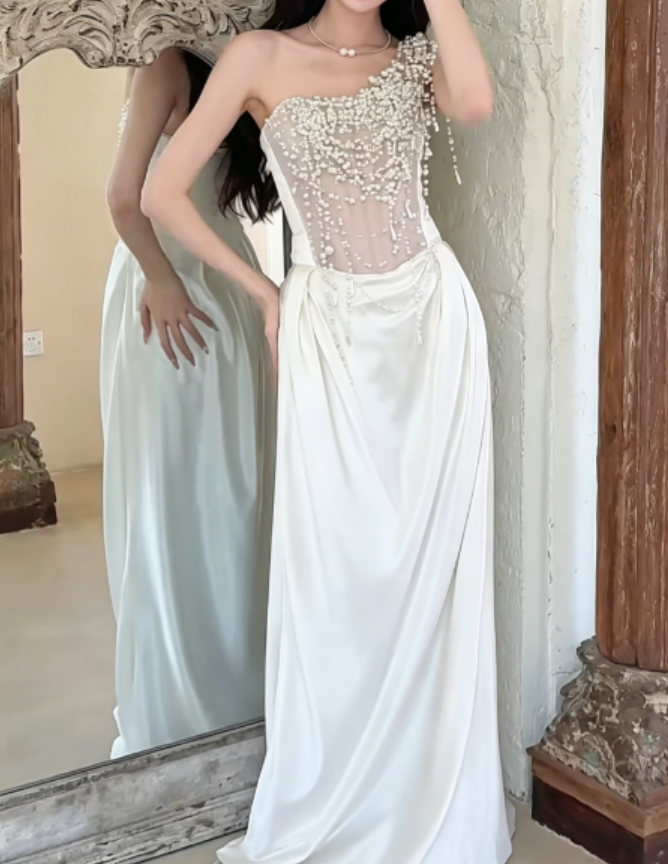 Vintage One Shoulder White Wedding Dress Beading Satin Sheath Bridal Dress GG6248