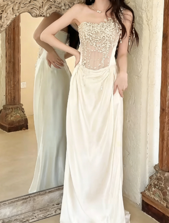Vintage One Shoulder White Wedding Dress Beading Satin Sheath Bridal Dress GG6248