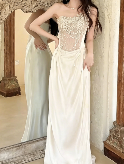 Vintage One Shoulder White Wedding Dress Beading Satin Sheath Bridal Dress GG6248