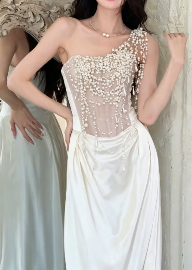 Vintage One Shoulder White Wedding Dress Beading Satin Sheath Bridal Dress GG6248