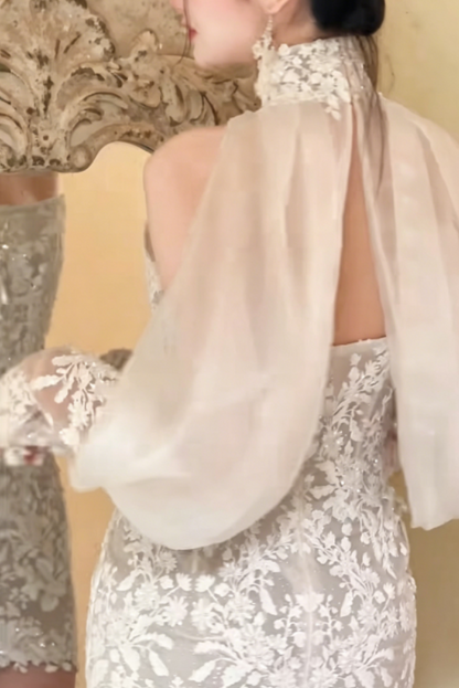 Charming Strapless White Wedding Dress With Sleeve Short Lace Sheath Bridal Dress GG6255