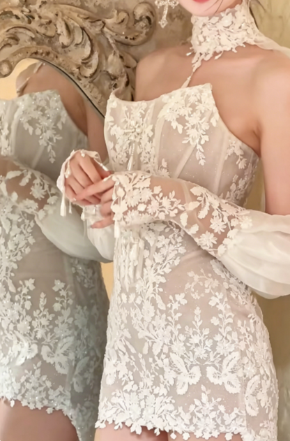 Charming Strapless White Wedding Dress With Sleeve Short Lace Sheath Bridal Dress GG6255
