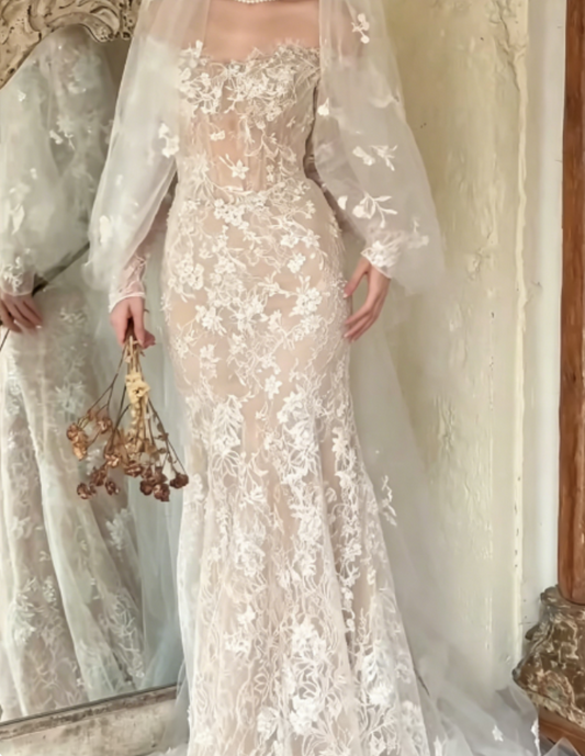 Charming Off-Shoulder Lace Wedding Dress Long Sleeve Mermaid Bridal Dress GG6257