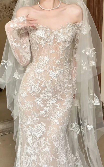Charming Off-Shoulder Lace Wedding Dress Long Sleeve Mermaid Bridal Dress GG6257