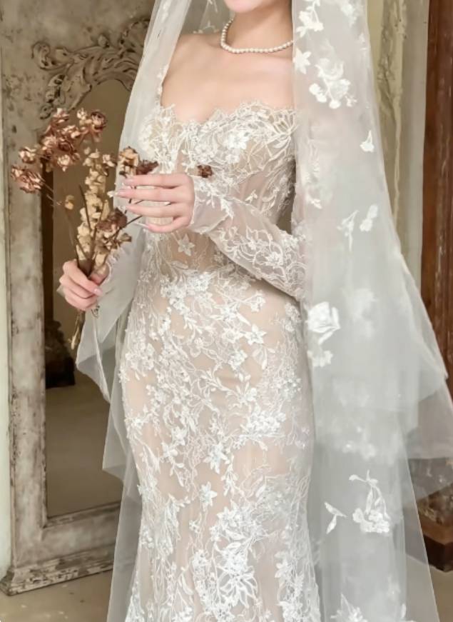 Charming Off-Shoulder Lace Wedding Dress Long Sleeve Mermaid Bridal Dress GG6257
