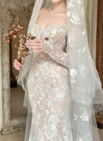 Charming Off-Shoulder Lace Wedding Dress Long Sleeve Mermaid Bridal Dress GG6257