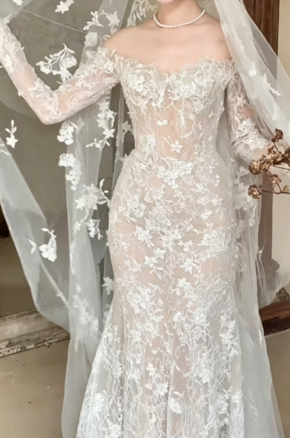 Charming Off-Shoulder Lace Wedding Dress Long Sleeve Mermaid Bridal Dress GG6257