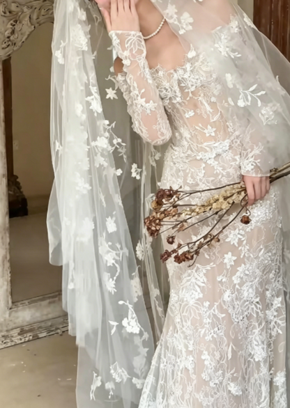 Charming Off-Shoulder Lace Wedding Dress Long Sleeve Mermaid Bridal Dress GG6257