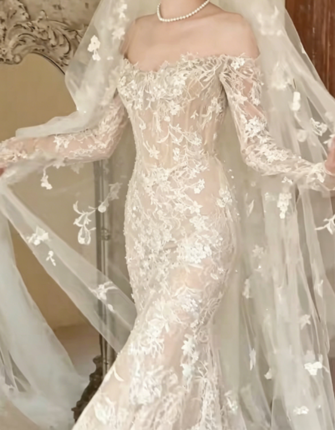 Charming Off-Shoulder Lace Wedding Dress Long Sleeve Mermaid Bridal Dress GG6257